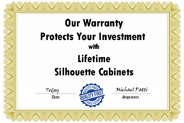 Certificate with ornate yellow border, text reads: Our Warranty Protects Your Investment with Lifetime Silhouette Cabinets. Contains spaces for date and signature.