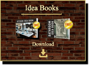 Two book covers labeled Kitchen Idea Book and Bathroom Idea Book with Free icons. Background is a brick wall with Idea Books and Download text above a download icon.