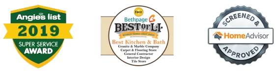 Three award badges: Angies List 2019 Super Service, Best of Long Island for Best Kitchen & Bath, and HomeAdvisor Screened & Approved.
