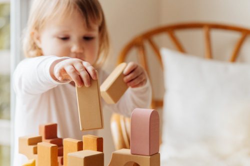 Small Child at Home Playing with Blocks