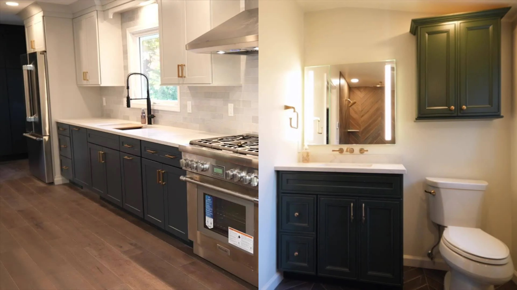 A modern kitchen with dark lower cabinets and white upper cabinets on the left; a bathroom with similar dark cabinetry and brass fixtures on the right.
