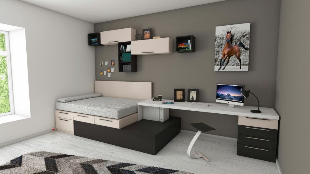 A modern bedroom, perfect for a home renovation, features a bed with storage drawers, wall-mounted shelves, a desk with a computer and lamp, and a chair. A striking horse picture hangs on the wall above the desk.