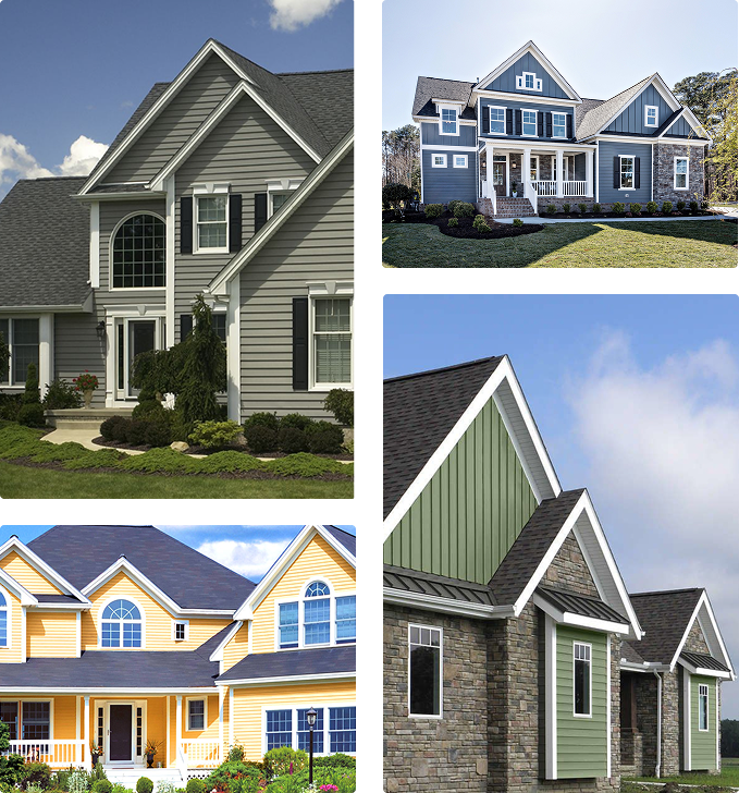 Collage of four different houses with varied architectural styles and colors, including gray, blue, yellow, and green exteriors, under clear skies.