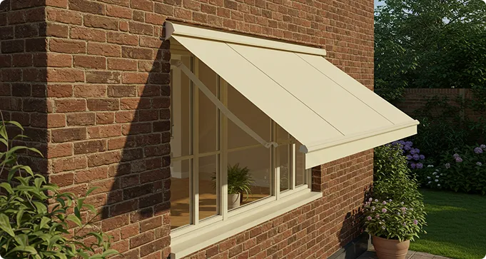 A cream-colored fabric awning extends over a window on a brick house, shading the window and plants both inside and outside.