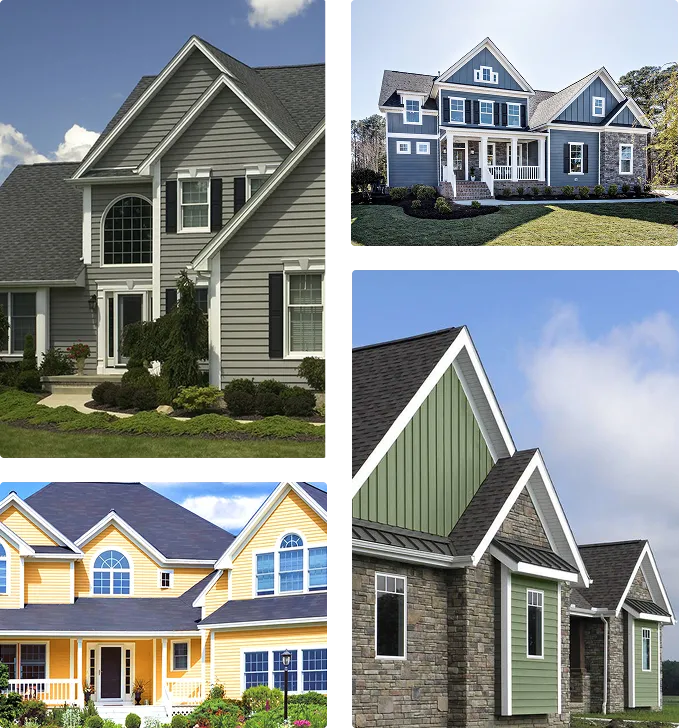 A collage of four suburban houses, each with different exterior colors and designs, including gray, blue, yellow, and green facades.