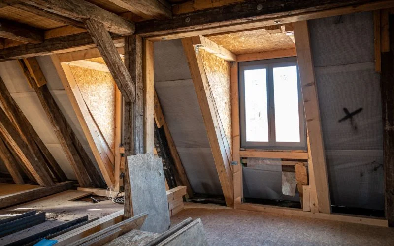 An unfinished attic space with exposed wooden beams, insulation, and a single window letting in daylight. Construction materials are scattered on the floor.