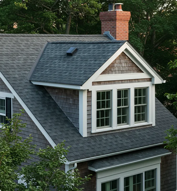 A house with gray shingle siding and roof, featuring a brick chimney, dormer windows, and surrounded by green trees.
