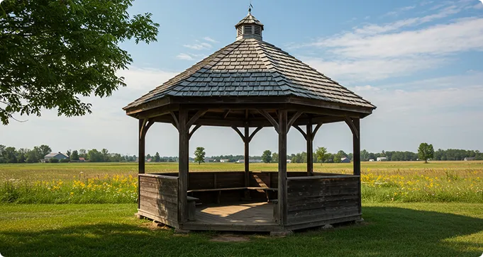 A wooden gazebo with a shingled roof stands on grass in a rural field under a partly cloudy sky.