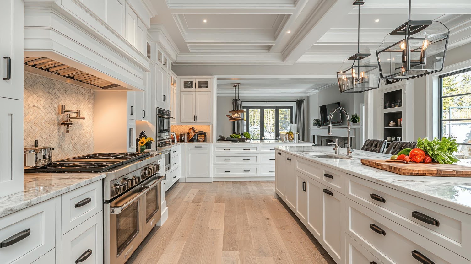 Spacious white kitchen with coffered ceiling and marble countertops—premium Kitchen Renovation service.