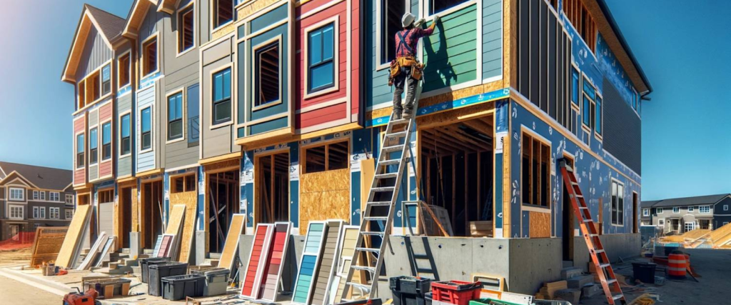 A construction worker stands on a ladder installing siding on a row of partially built townhouses at a residential construction site.