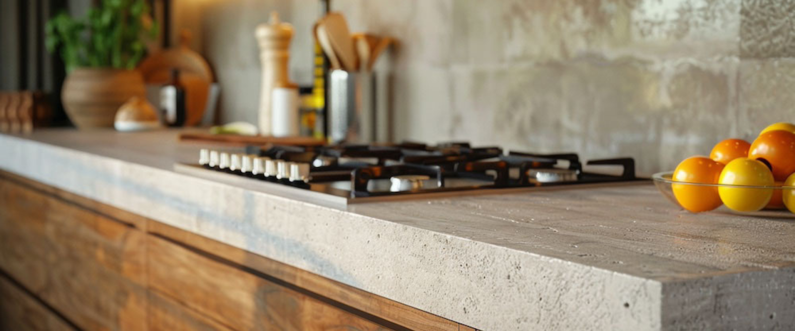 A modern kitchen features a concrete countertop with a gas stove, wooden cabinets, and a glass bowl of oranges in the foreground.