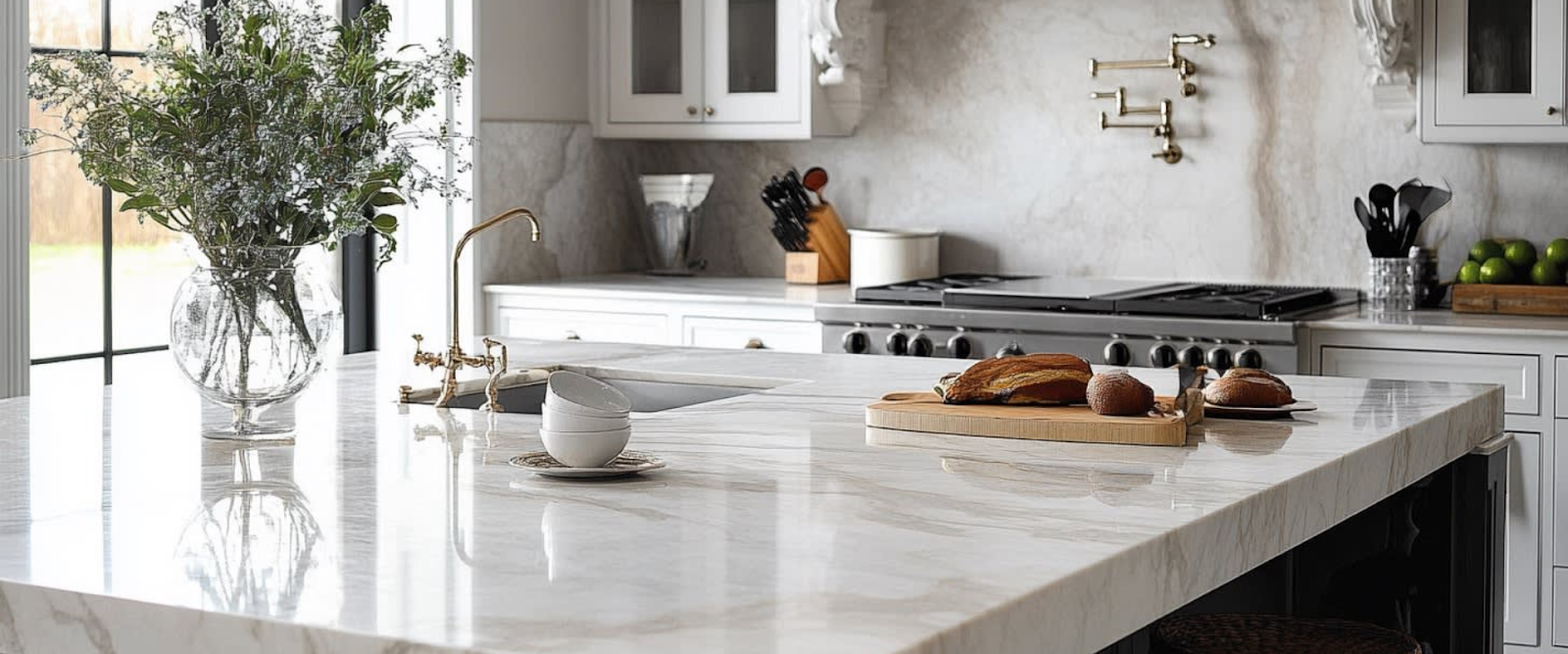 A modern kitchen with white marble countertops, a vase of flowers, bread on a cutting board, and various kitchen utensils near a stove in the background.