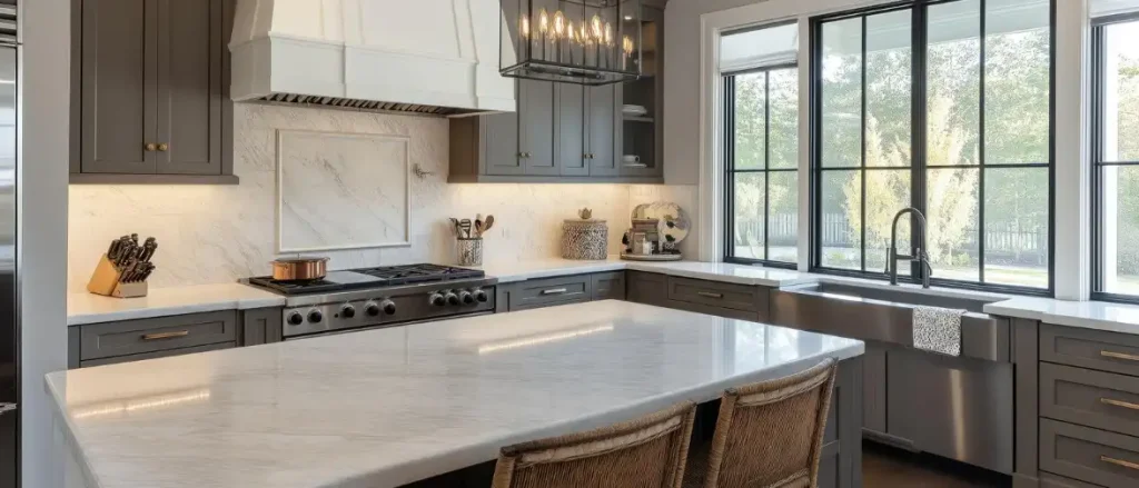 Modern kitchen with gray cabinets, a marble island, stainless steel appliances, large farmhouse sink, and big windows overlooking trees—perfect inspiration for those seeking stylish indoor and outdoor kitchen ideas.