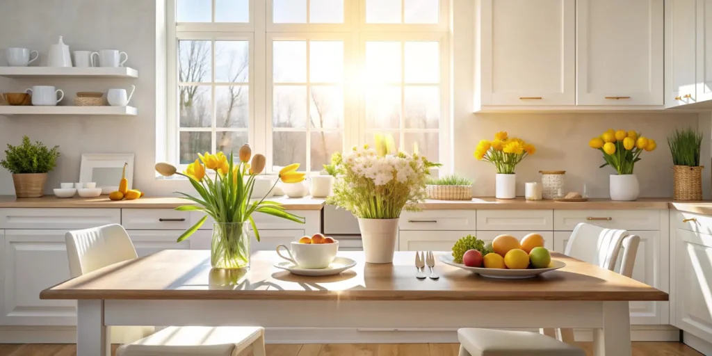 A sunlit kitchen with white cabinets, a wooden table set with vases of yellow flowers, dishes of fruit, and bright green plants, with sunlight streaming through large windows.