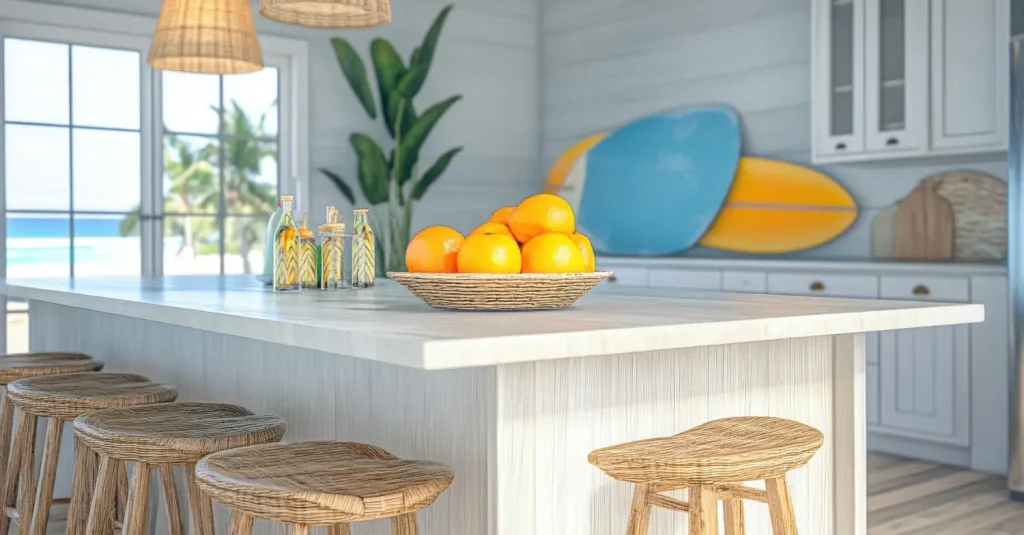 A bright kitchen with wicker stools, a basket of oranges on a white island, glass bottles, and two surfboards leaning against the wall. A large window shows a beach view outside.