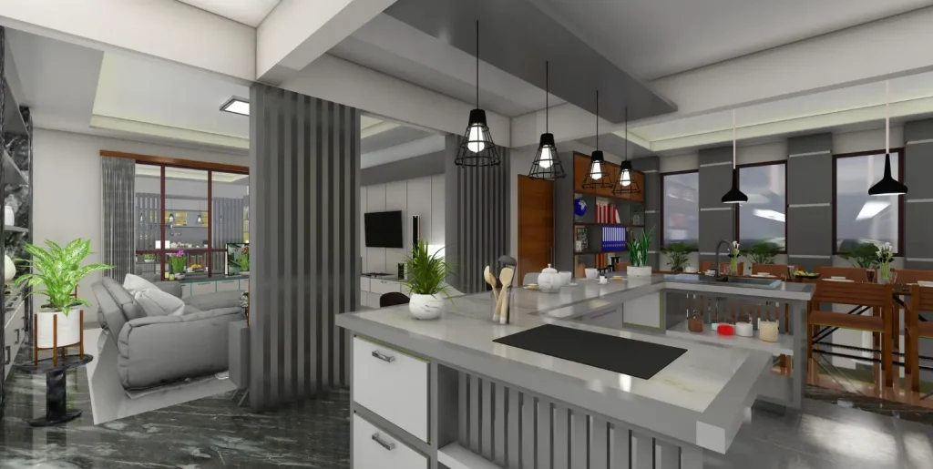 Modern open-concept kitchen and living area with large island, pendant lights, gray cabinetry, dining table, plants, and floor-to-ceiling windows.