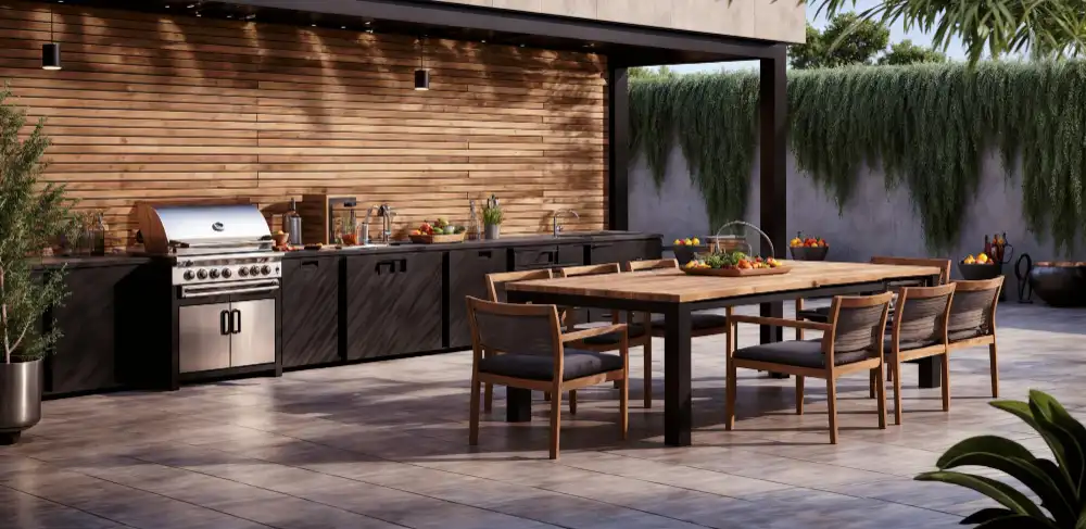 Modern outdoor kitchen and dining area featuring a grill, wooden cabinets, a long table with six chairs, and lush greenery along the walls—perfect for those seeking stylish outdoor kitchen ideas.