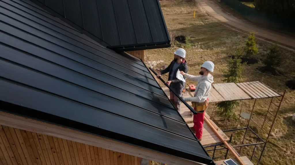 Two workers wearing helmets install metal roofing panels and work on siding replacement for a wooden building, using tools and safety equipment, with a grassy area in the background.