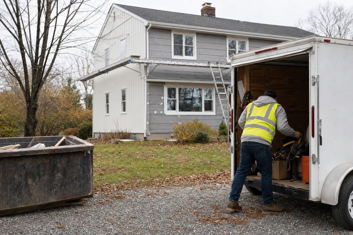 Installer loading tools into a white cargo trailer on a gravel driveway with a roll-off dumpster and a half clad house behind him.