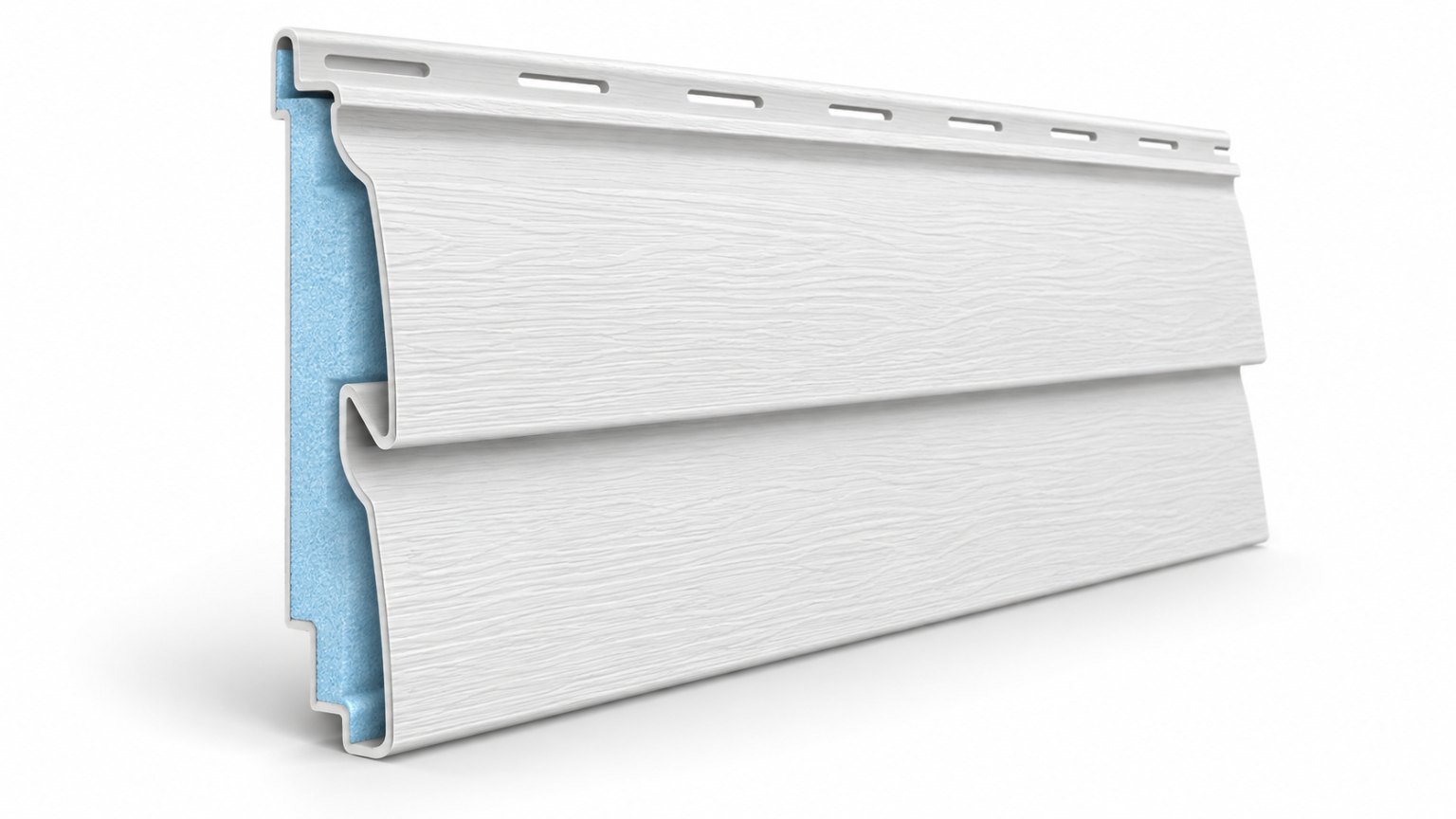 Cutaway view of an insulated vinyl siding panel showing the foam backing behind the white wood-grain face