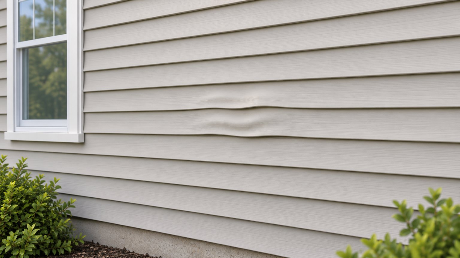 Warped vinyl siding with a wavy distortion across two panels on a beige wall near a window